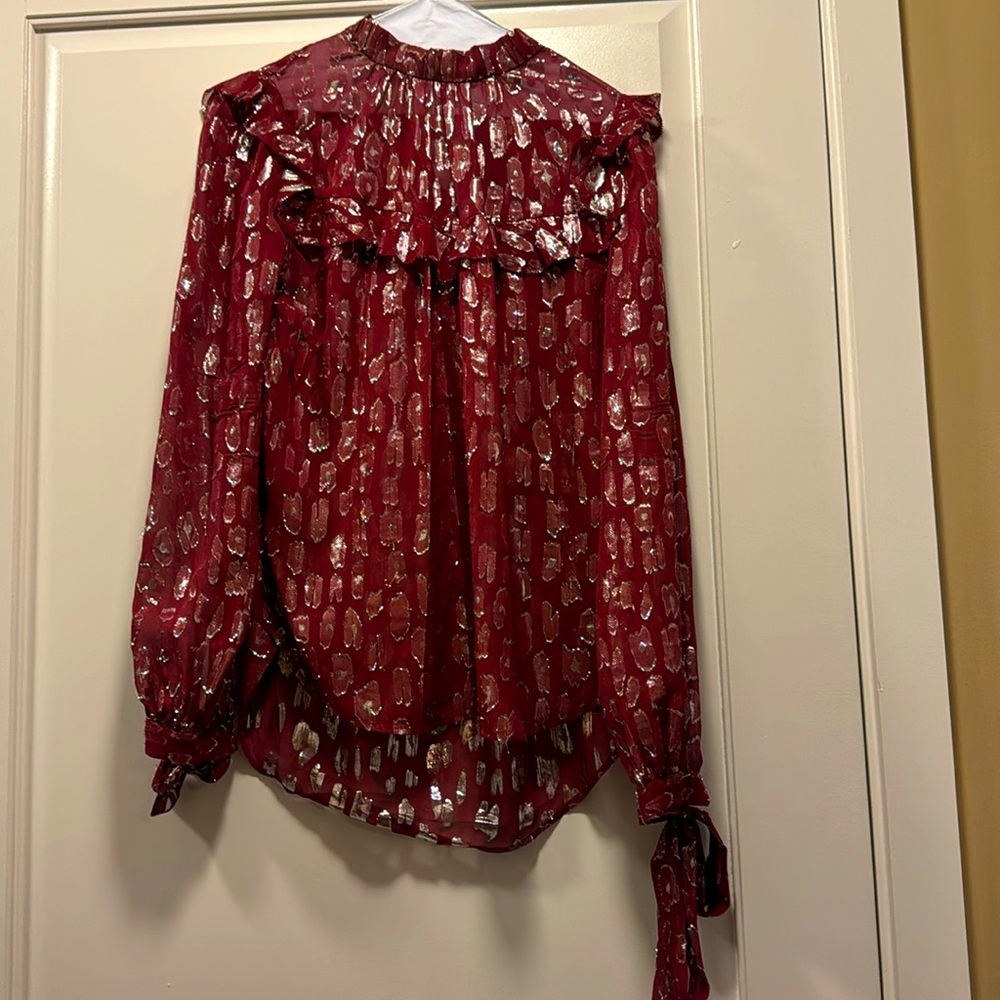 Veronica Beard semi sheer blouse 2 burgundy red silver foils tie wrist wine